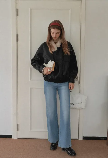 Faux Leather Jacket with Shearling Collar