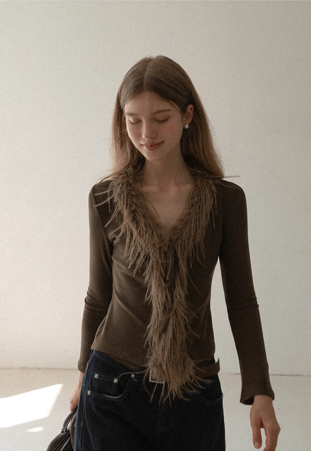 Women Faux Fur Collar Long Sleeve Knit Top