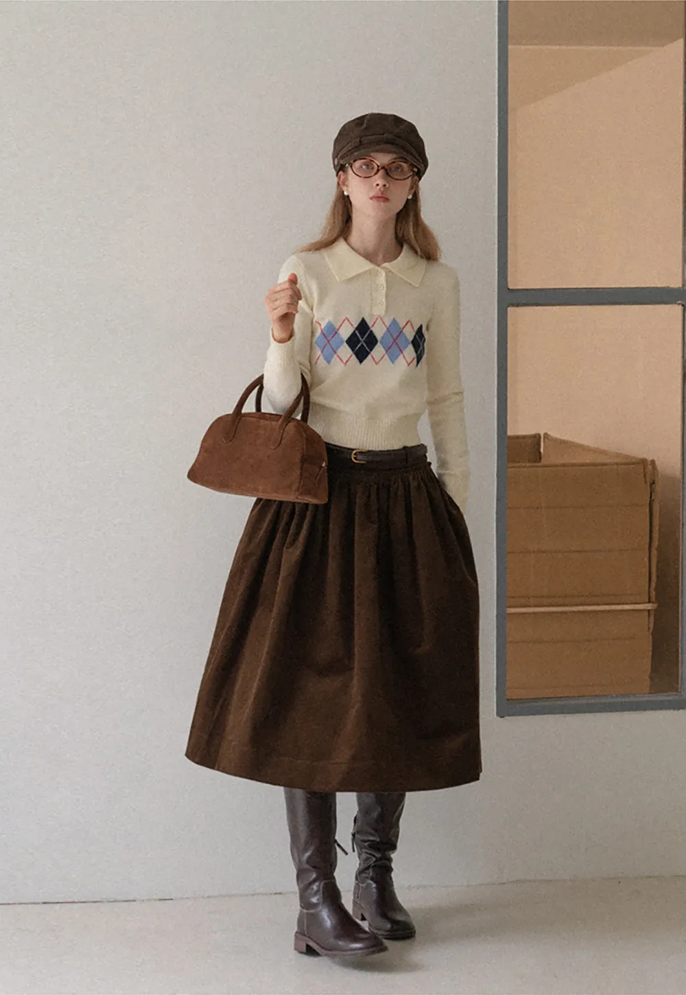 Women Argyle Knit Sweater Collared Long Sleeve Top