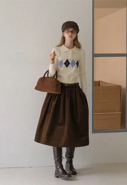 Women Argyle Knit Sweater Collared Long Sleeve Top