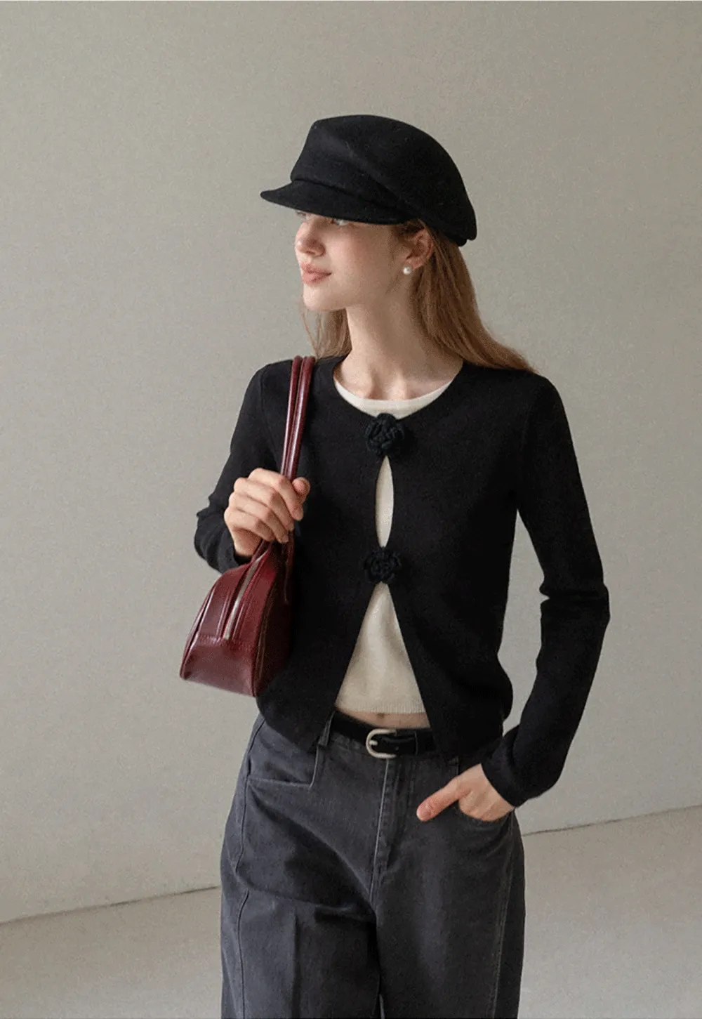 Women Knit Cardigan with Flower Button Vintage Style