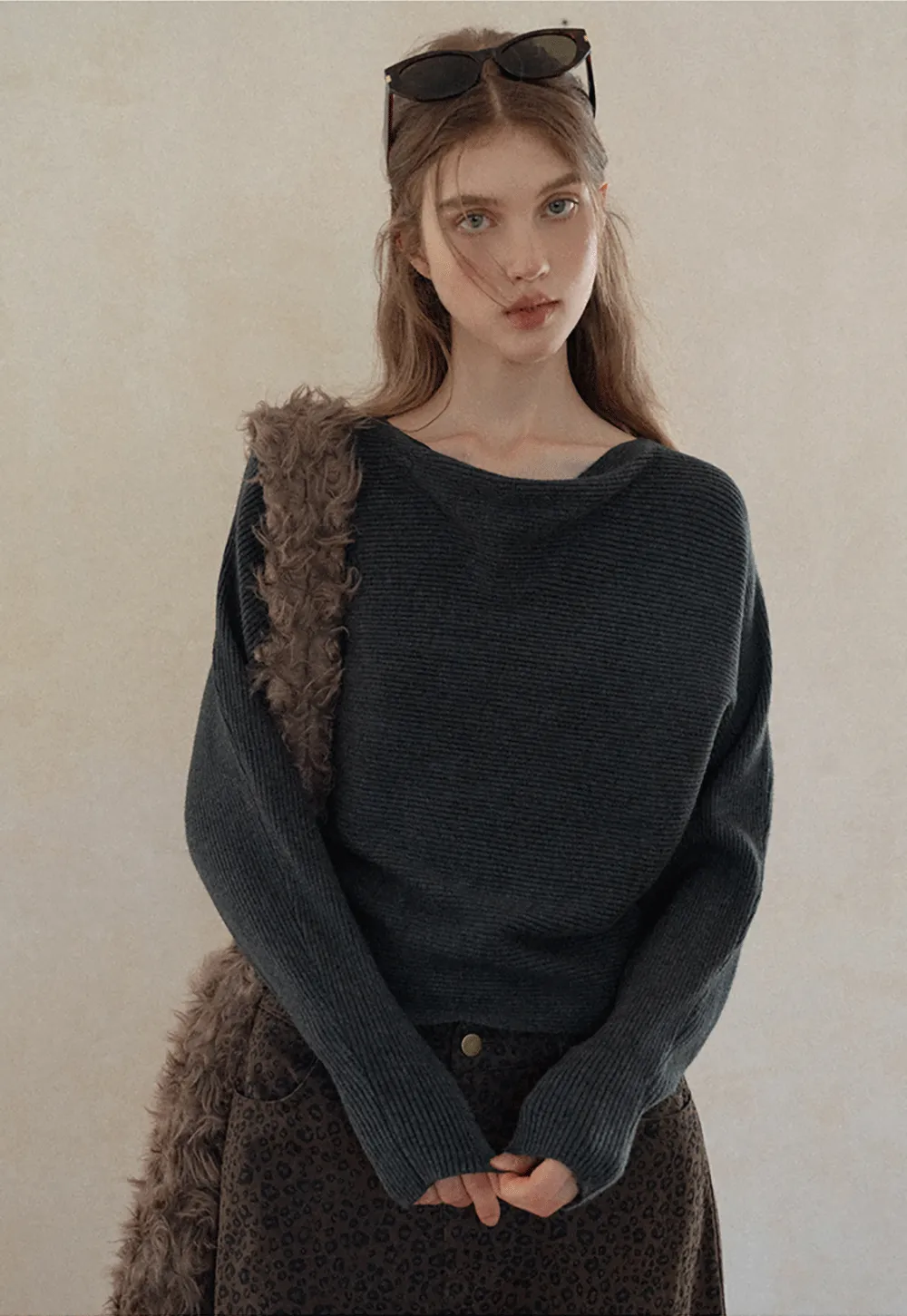 Ribbed Boat Neck Knit Sweater