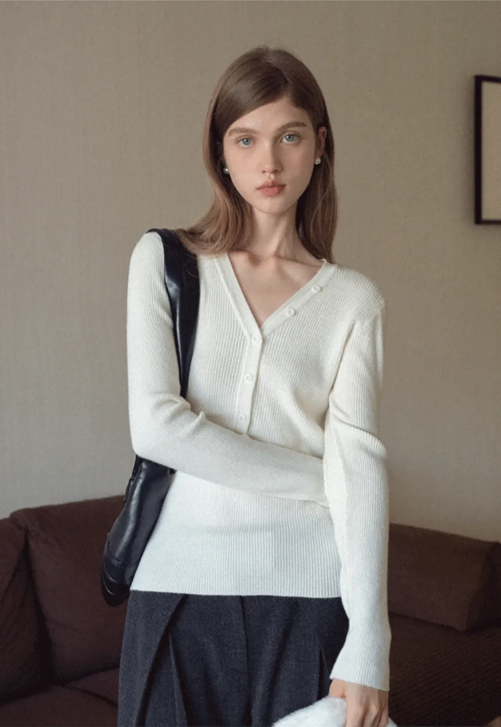 Womens Ribbed Long Sleeve V-Neck Button Top