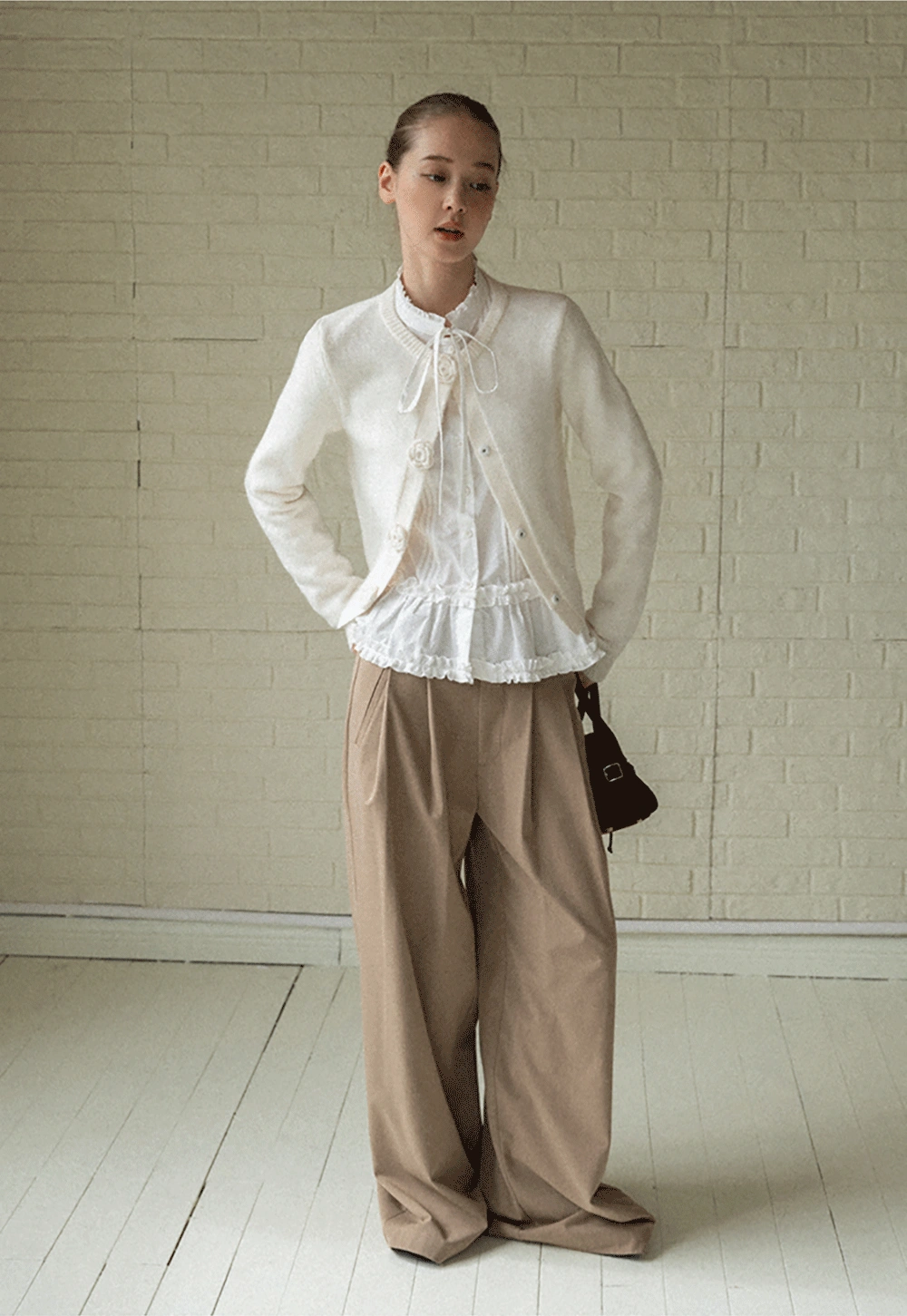 Lace Trim Ruffled Blouse with Tie Neck