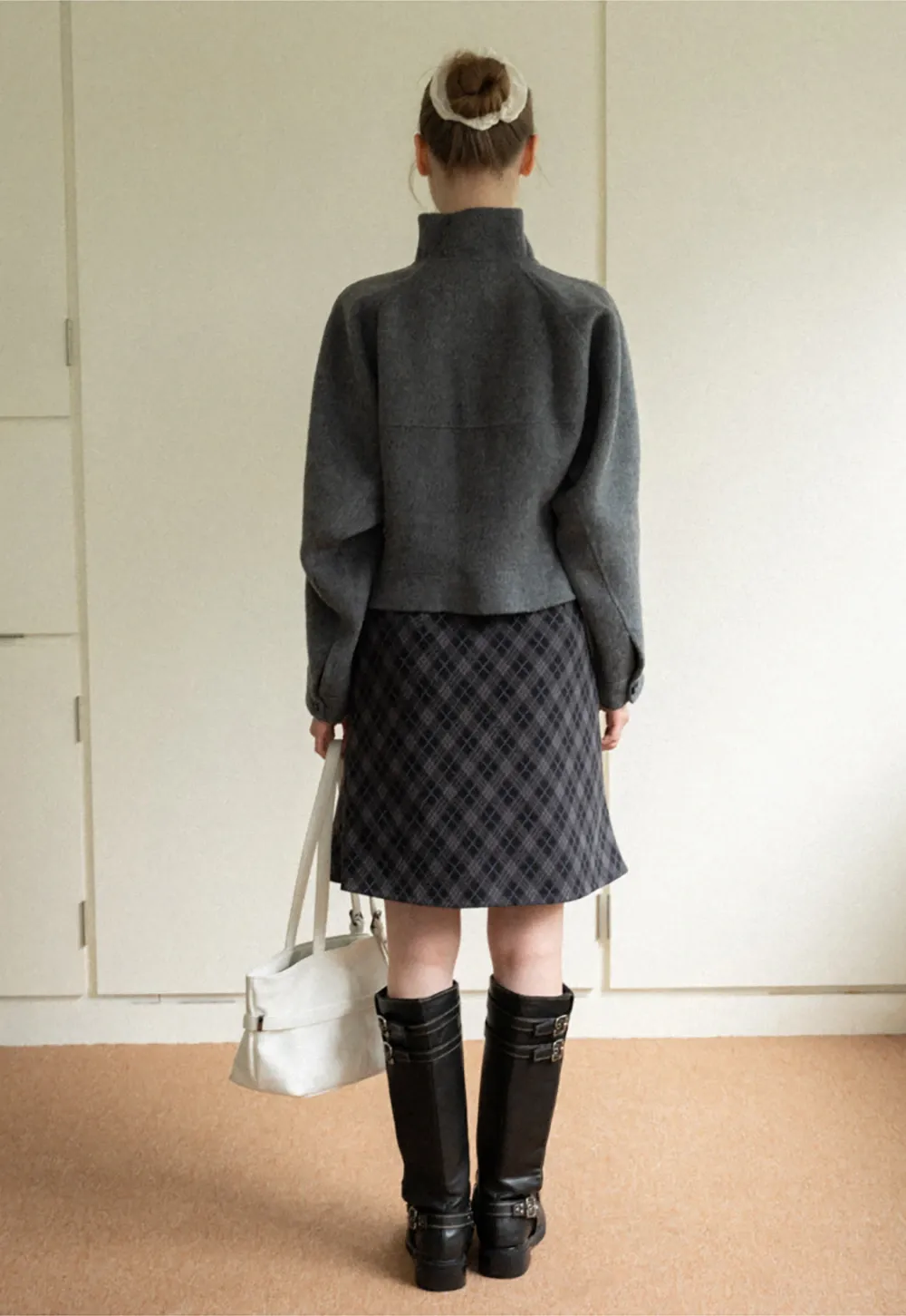 Stand Collar A-line Waist Cinching Cropped Double-Faced Coat