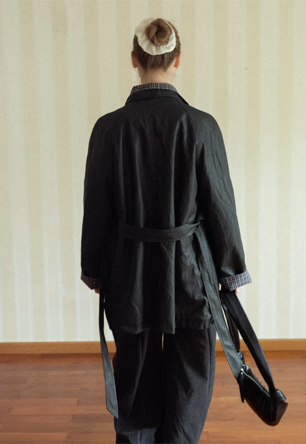 Stand Collar Mid-Length Coat with Plaid Splice and Belt