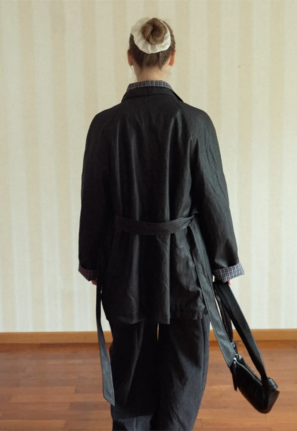 Stand Collar Mid-Length Coat with Plaid Splice and Belt