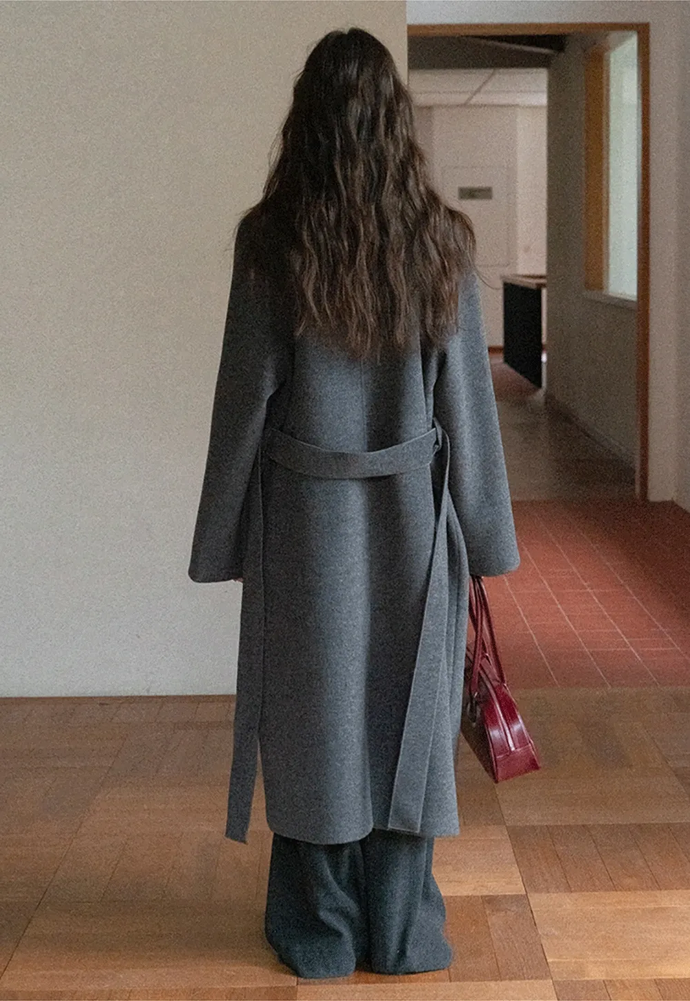 Women Classic Wool Coat with Button Details and Waist Belt