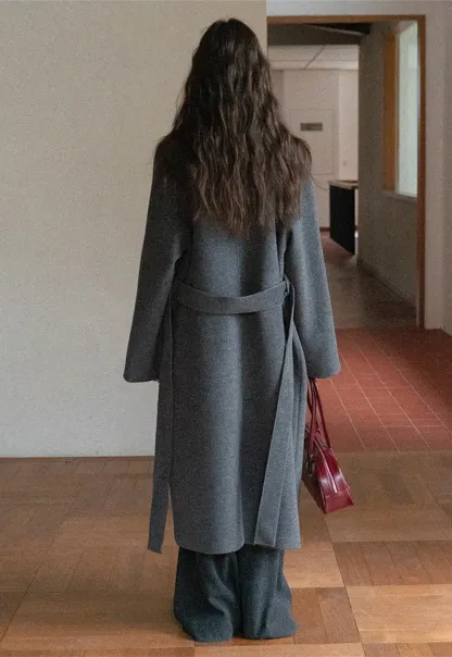 Women Classic Wool Coat with Button Details and Waist Belt