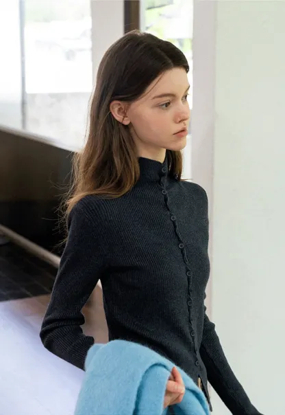 Stand-Collar Twist Button Knit Top