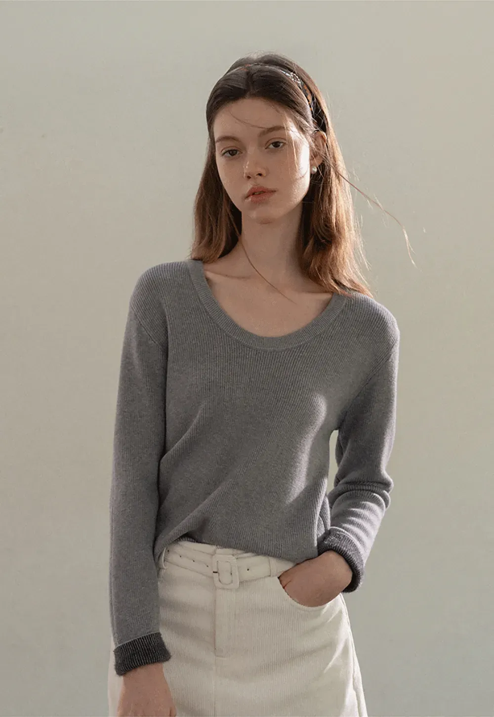 Ribbed Scoop Neck Long-Sleeve Top