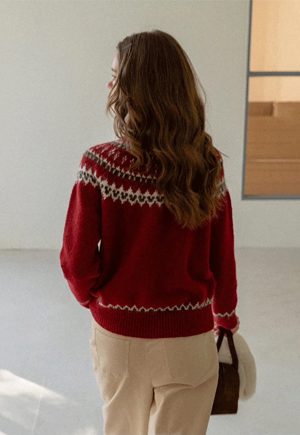 Red Knit Sweater with Fair Isle Pattern