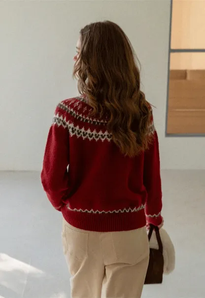 Red Knit Sweater with Fair Isle Pattern