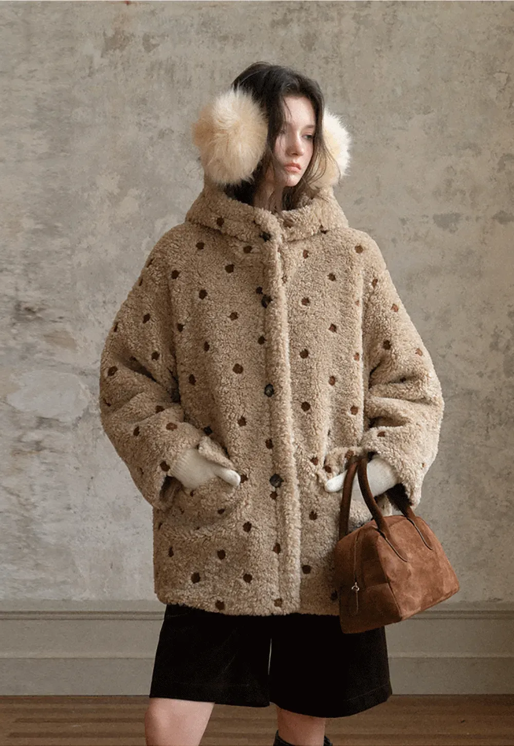 Polka Dot Teddy Fleece Hooded Coat