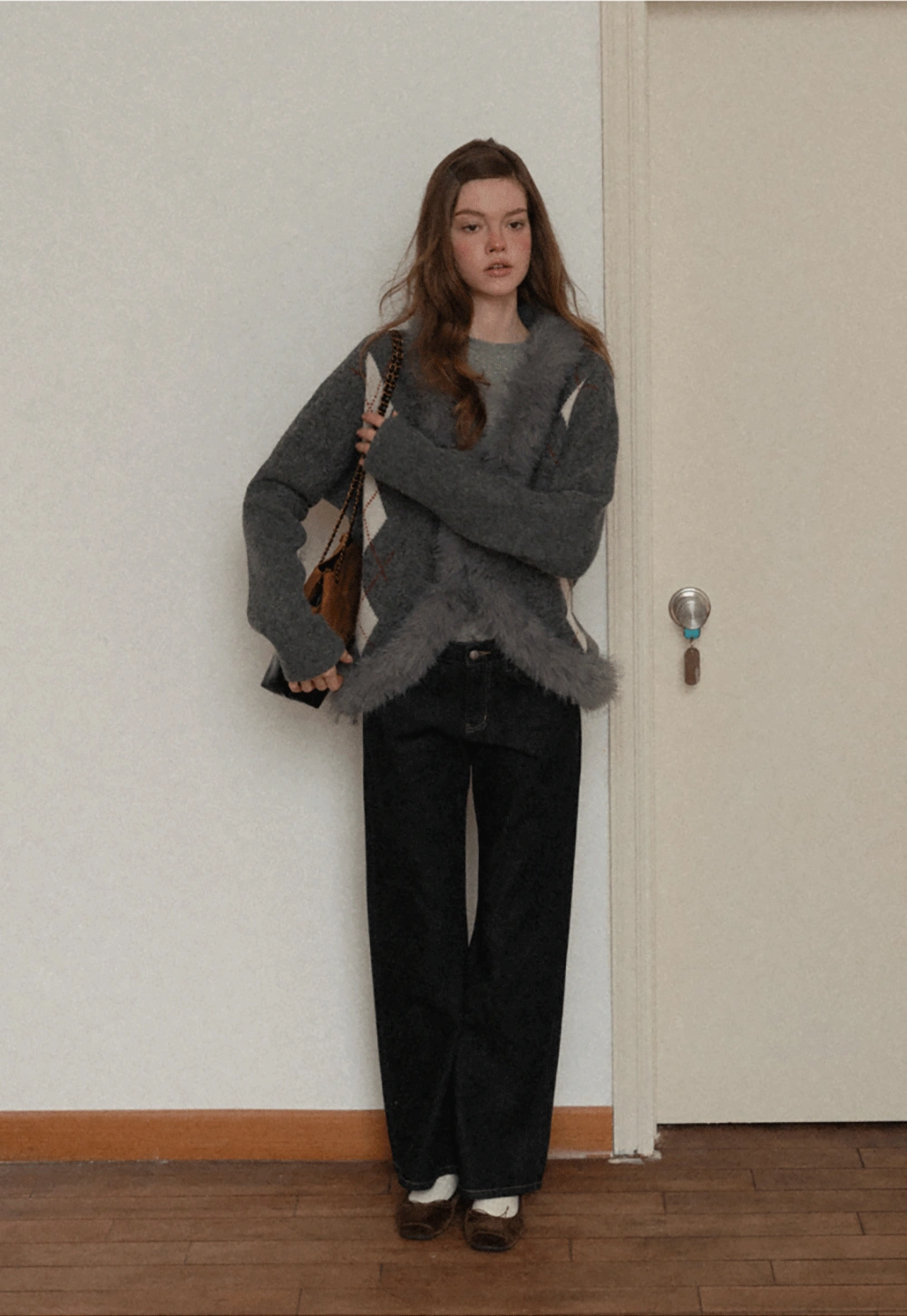 Patterned Sweater Cardigan with Fur Trim