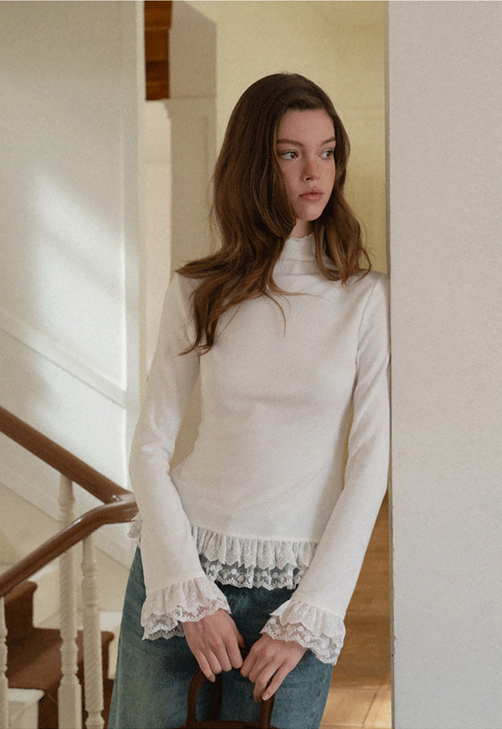 Women White Lace Trim Mock Neck Long Sleeve Top