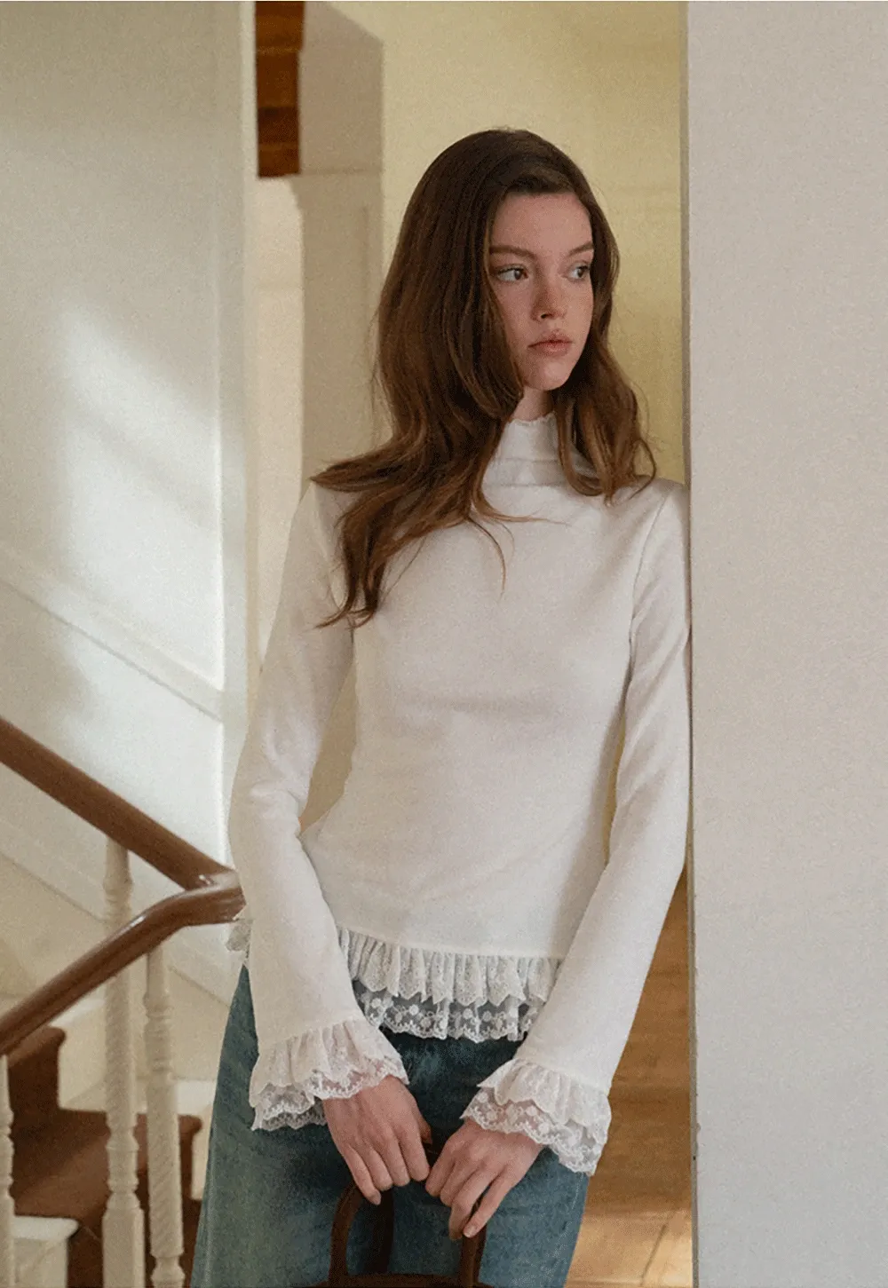 Women White Lace Trim Mock Neck Long Sleeve Top