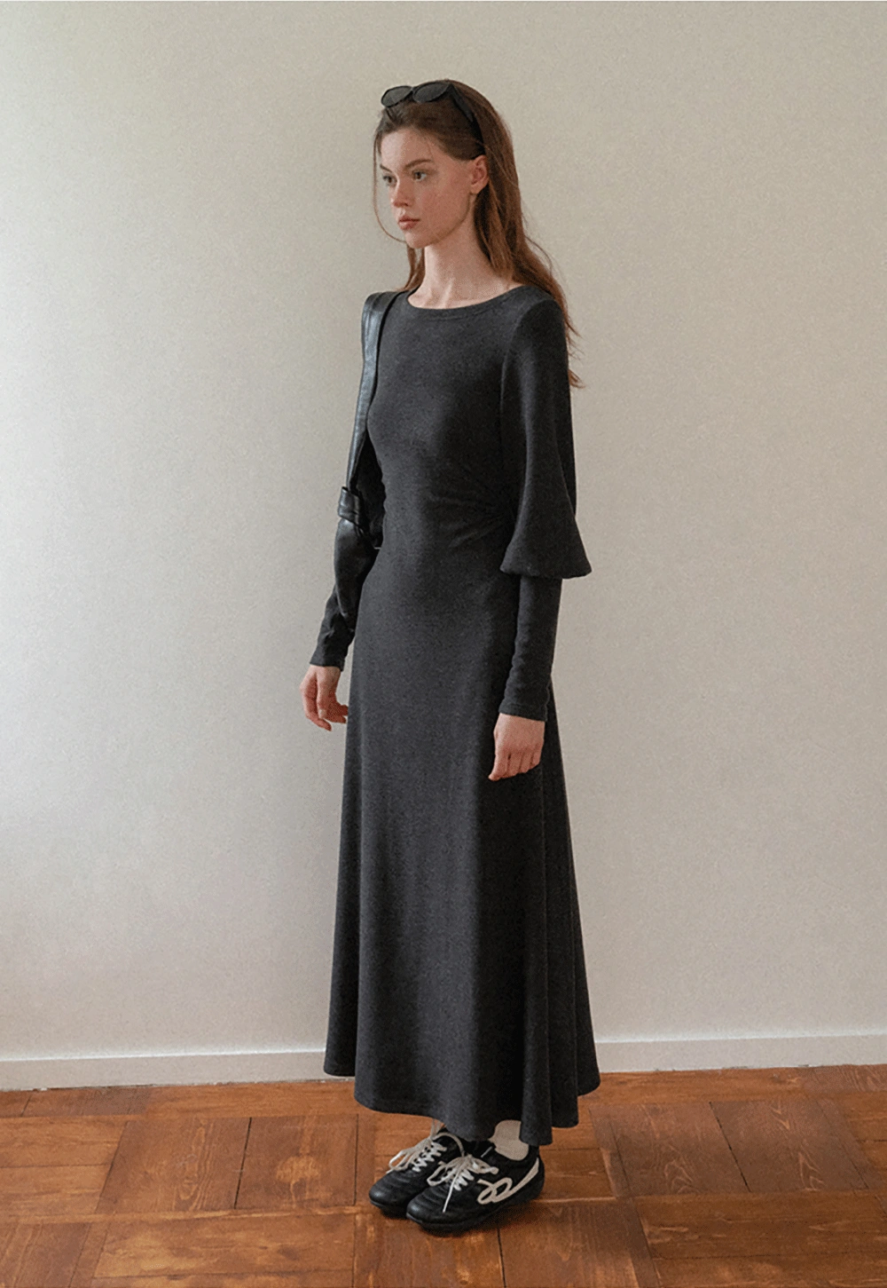 Women Long Sleeve Maxi Dress in Dark Gray