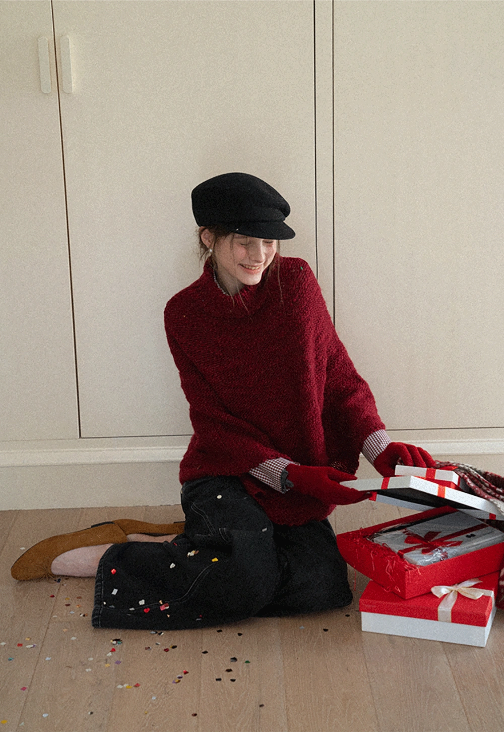 Soft Red Knitted Poncho with Turtleneck