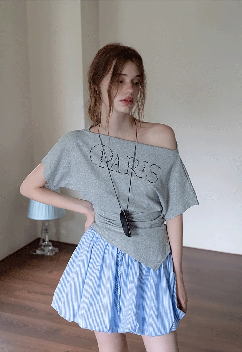Asymmetric Off-Shoulder T-Shirt with Paris Rhinestone Lettering