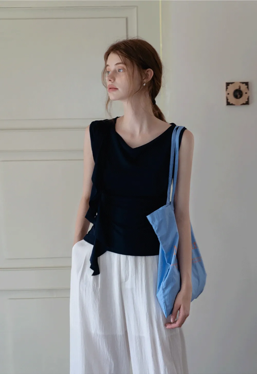 Women’s Drape Neck Sleeveless Top with Flower Accent