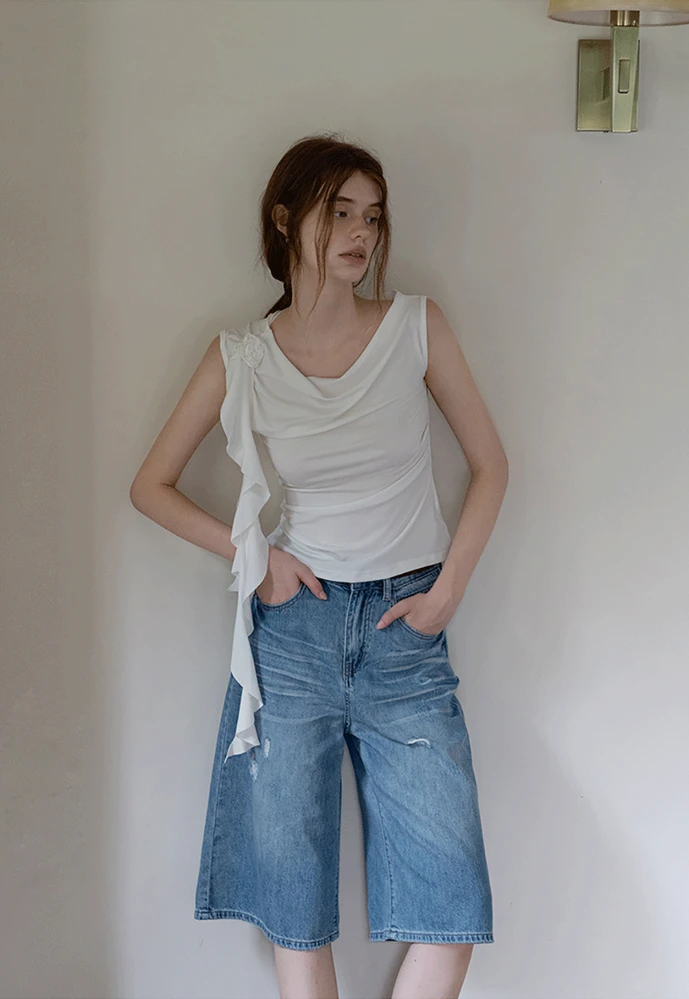 Women’s Distressed Wide-Leg Denim Bermuda Shorts