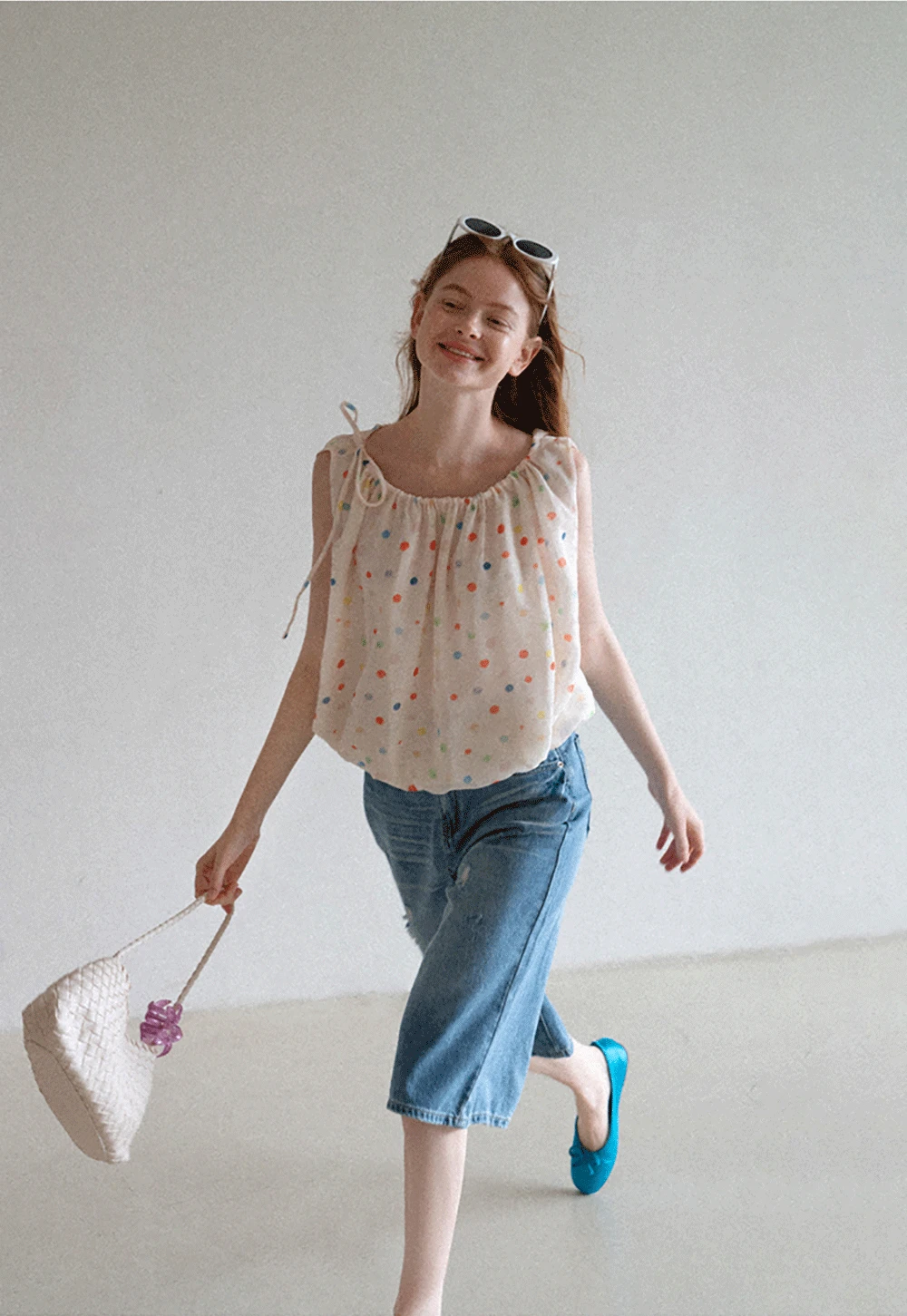 Polka Dot Sleeveless Tie Strap Top