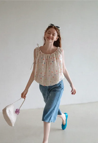 Polka Dot Sleeveless Tie Strap Top