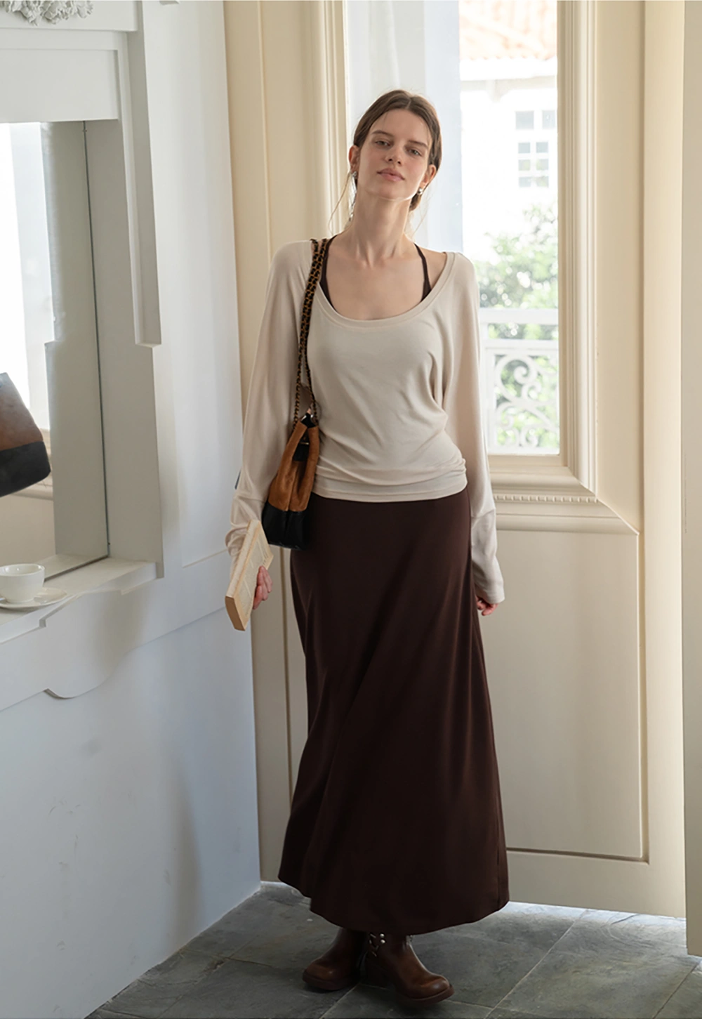 Casual Long Sleeve Top with Flowy Maxi Skirt