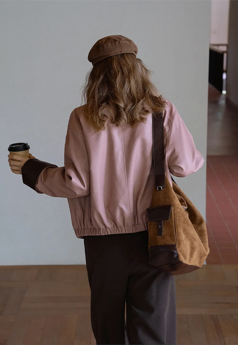 Womens Faux Leather Jacket with Zipper Front and Contrast Cuffs