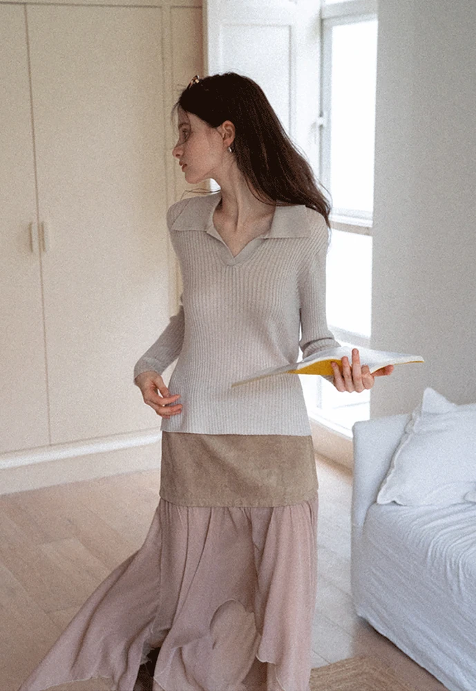 Ribbed Open-Collar Knit Top