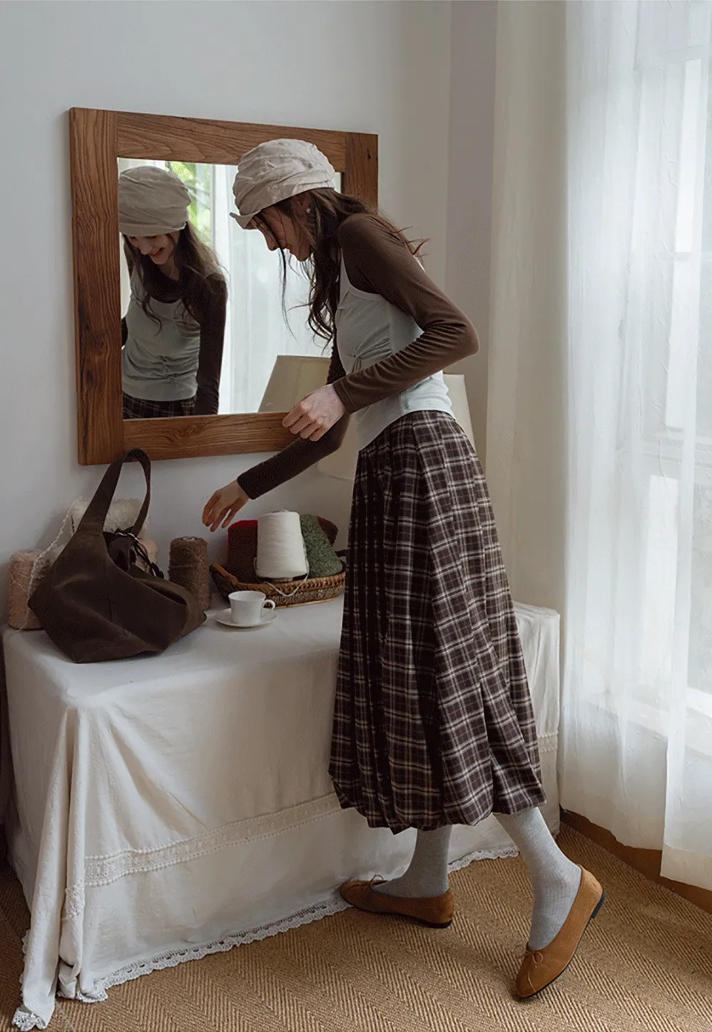 Women's Cami-Overlay Ruched Long Sleeve Top