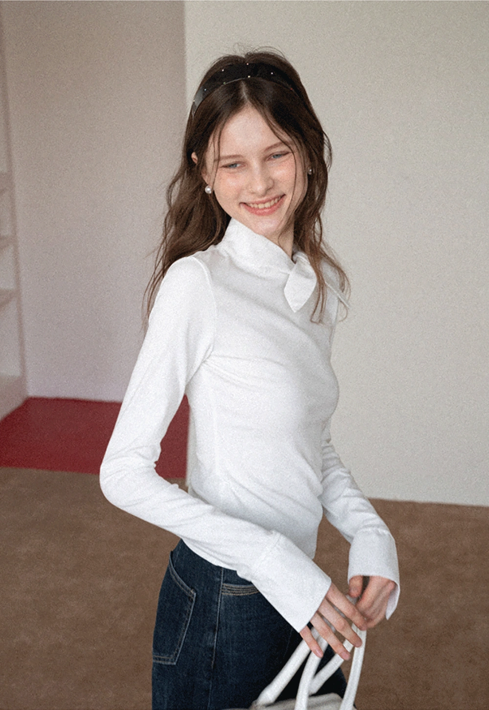 【美品】入江佑子 puffy oval long  26cm Long Sleeves Elastic Off-Shoulder Top NAVY*