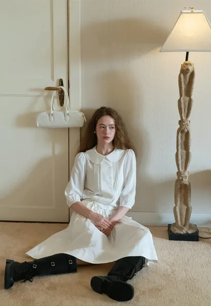 3/4 Sleeve Vintage White Shirt for Women