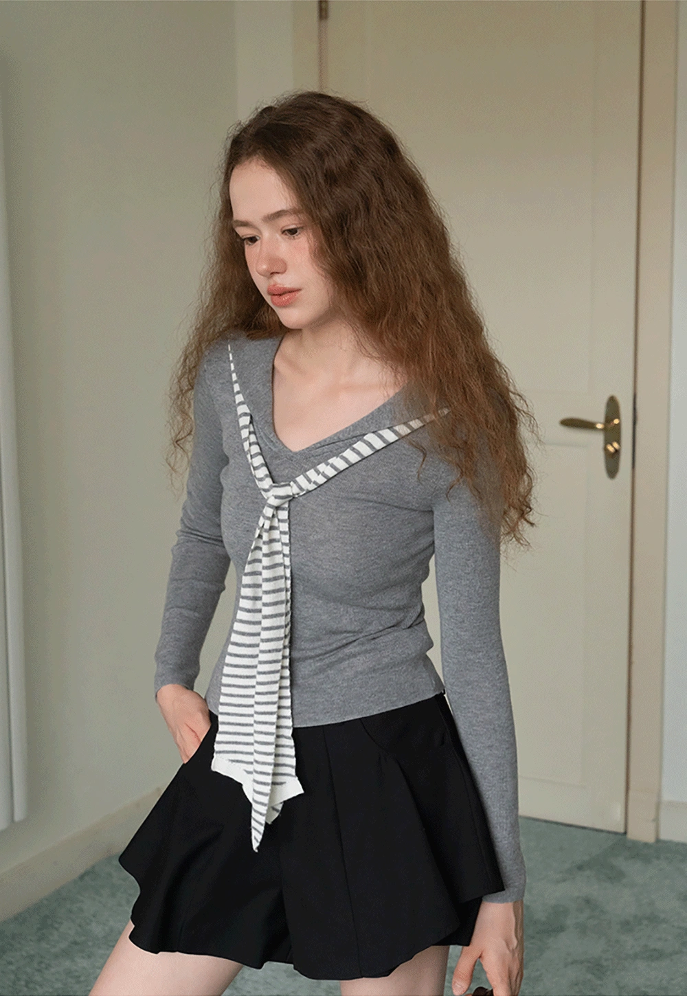 Womens Sailor Collar Long Sleeve Knit Top with Tie
