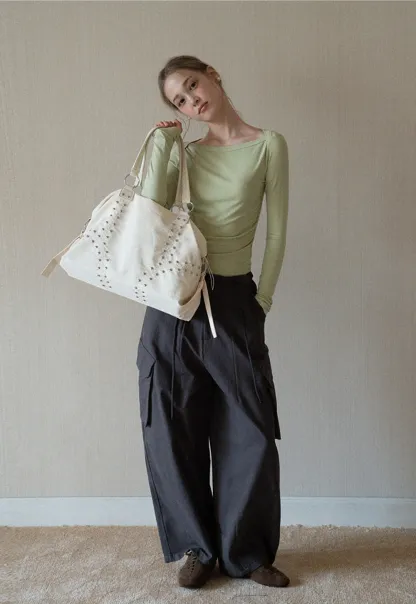 Women Boat Neck Ruched Long Sleeve T-Shirts