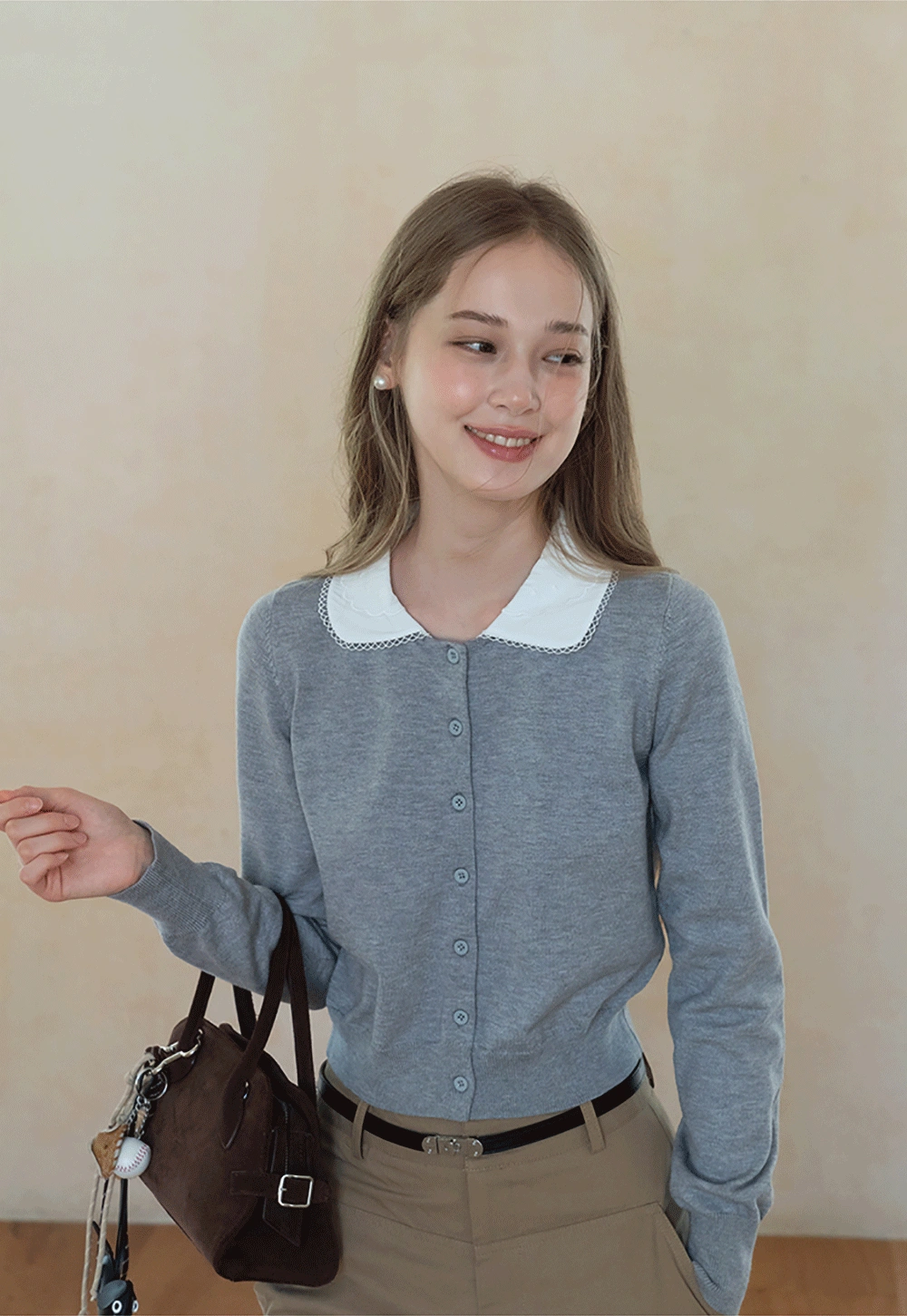 Womens Knit Cardigan with White Peter Pan Collar