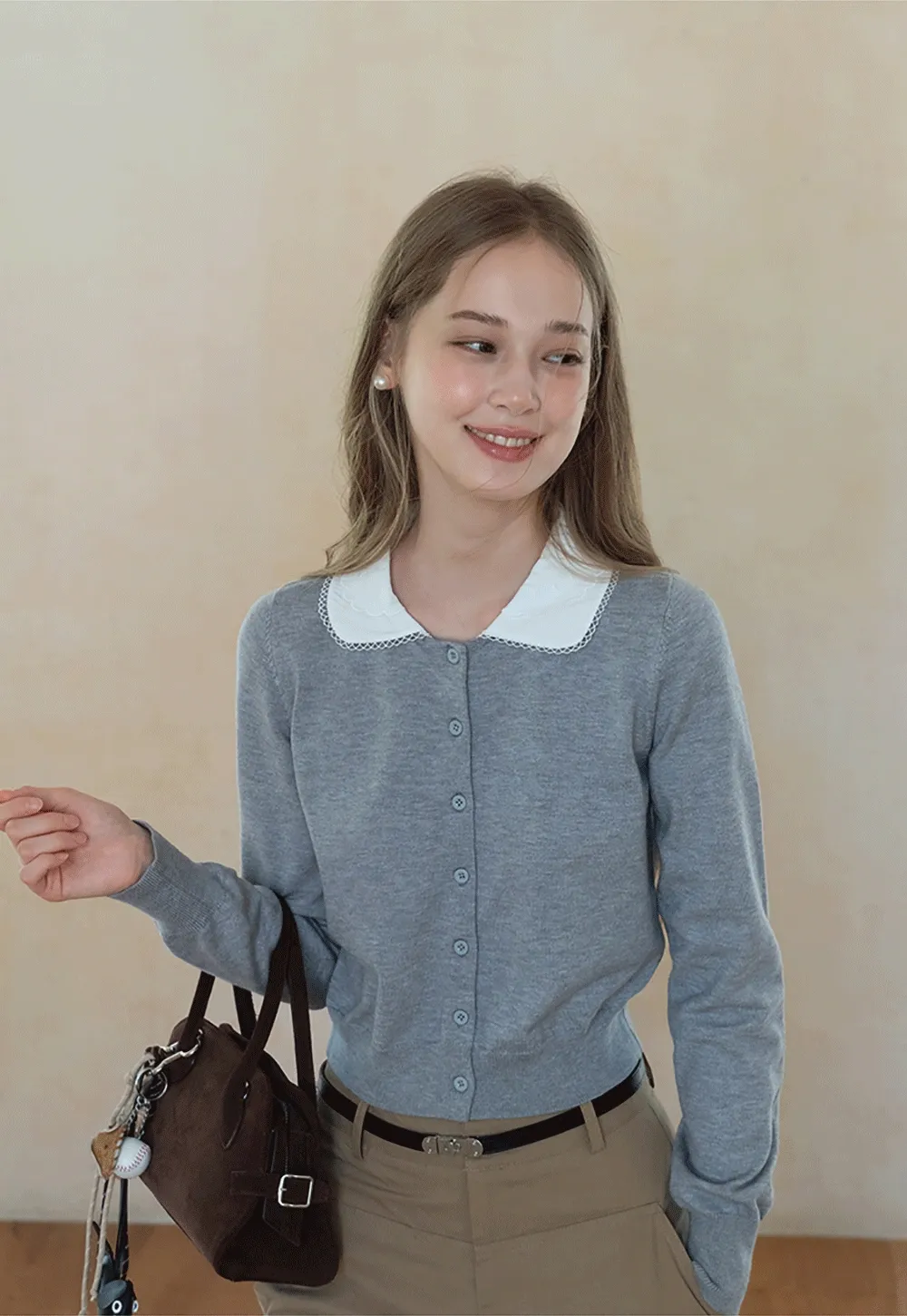 Womens Knit Cardigan with White Peter Pan Collar