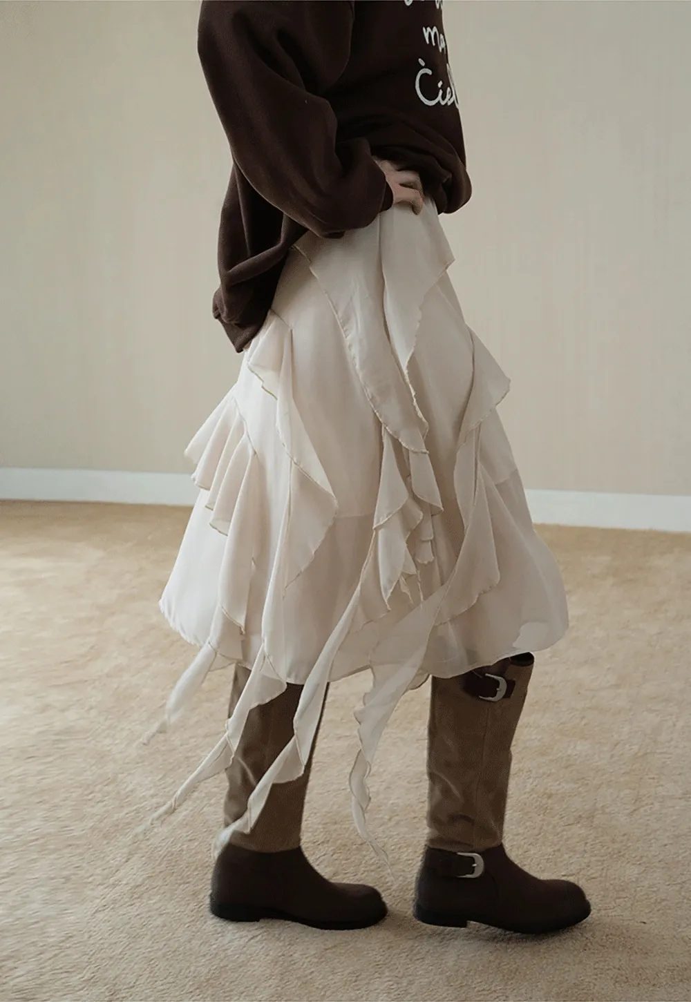 Womens Ruffle Layered Chiffon Midi Skirt