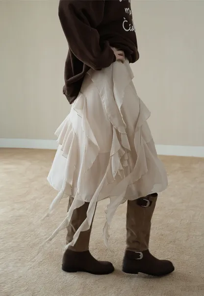 Womens Ruffle Layered Chiffon Midi Skirt