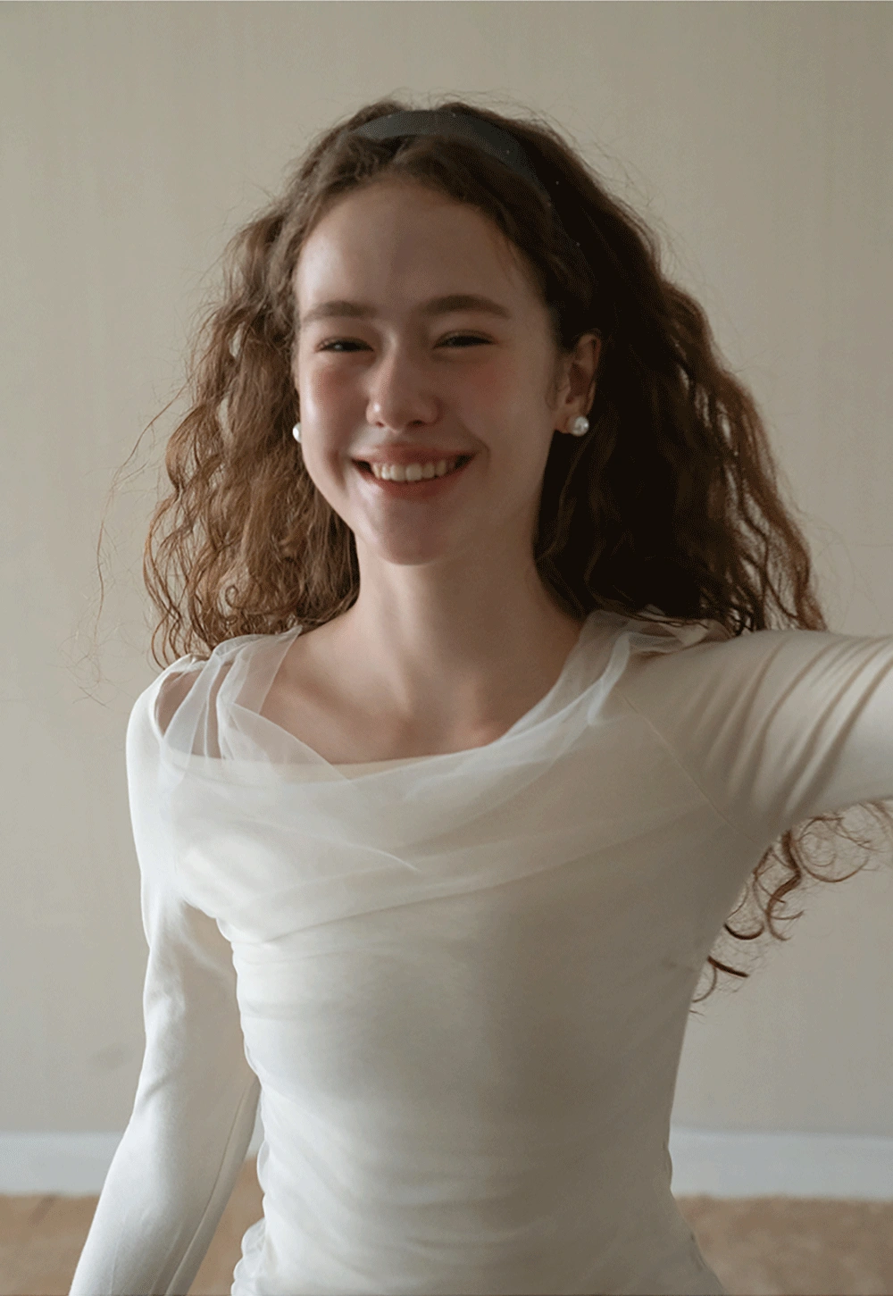 Women Mesh Patchwork Cowl Neck Top