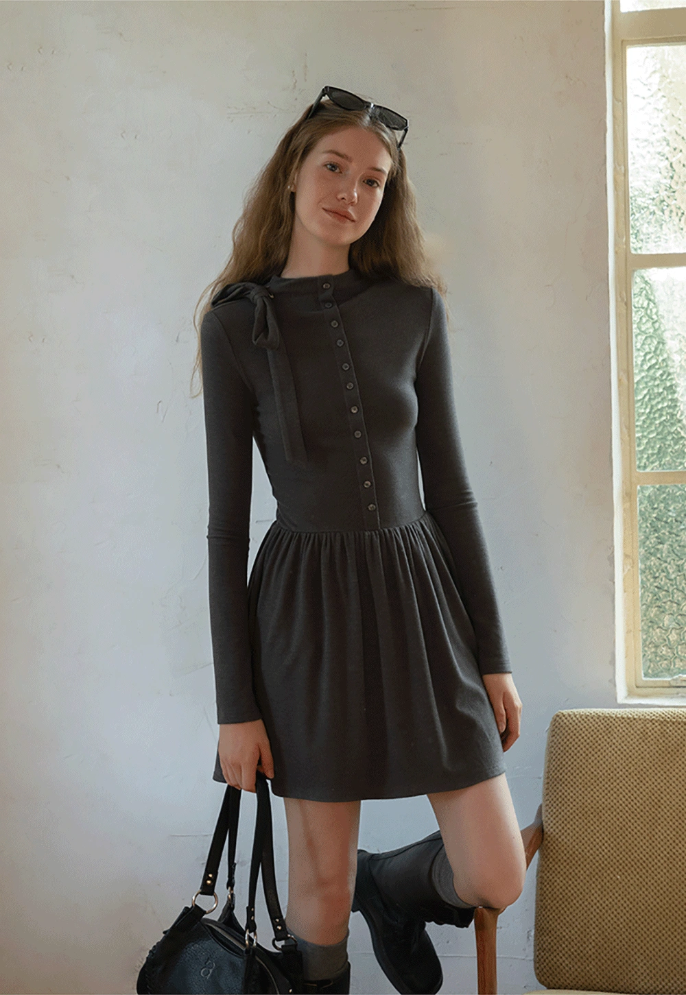 Long Sleeve Bow Tie Mini Dress