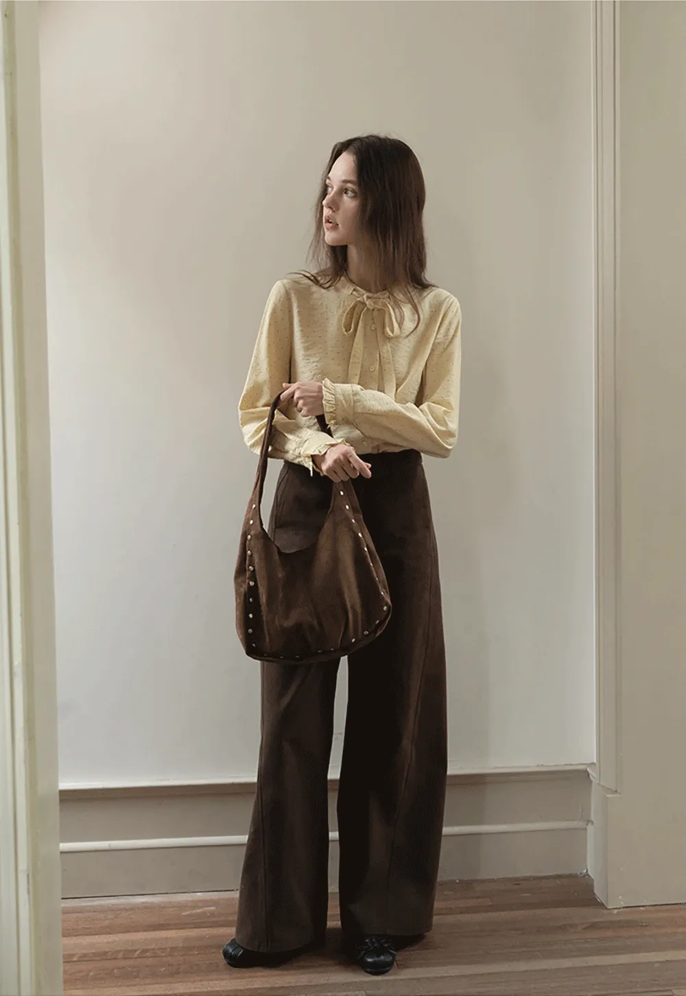 Womens Polka Dot Ruffle Trim Blouse with Bow Tie Neck