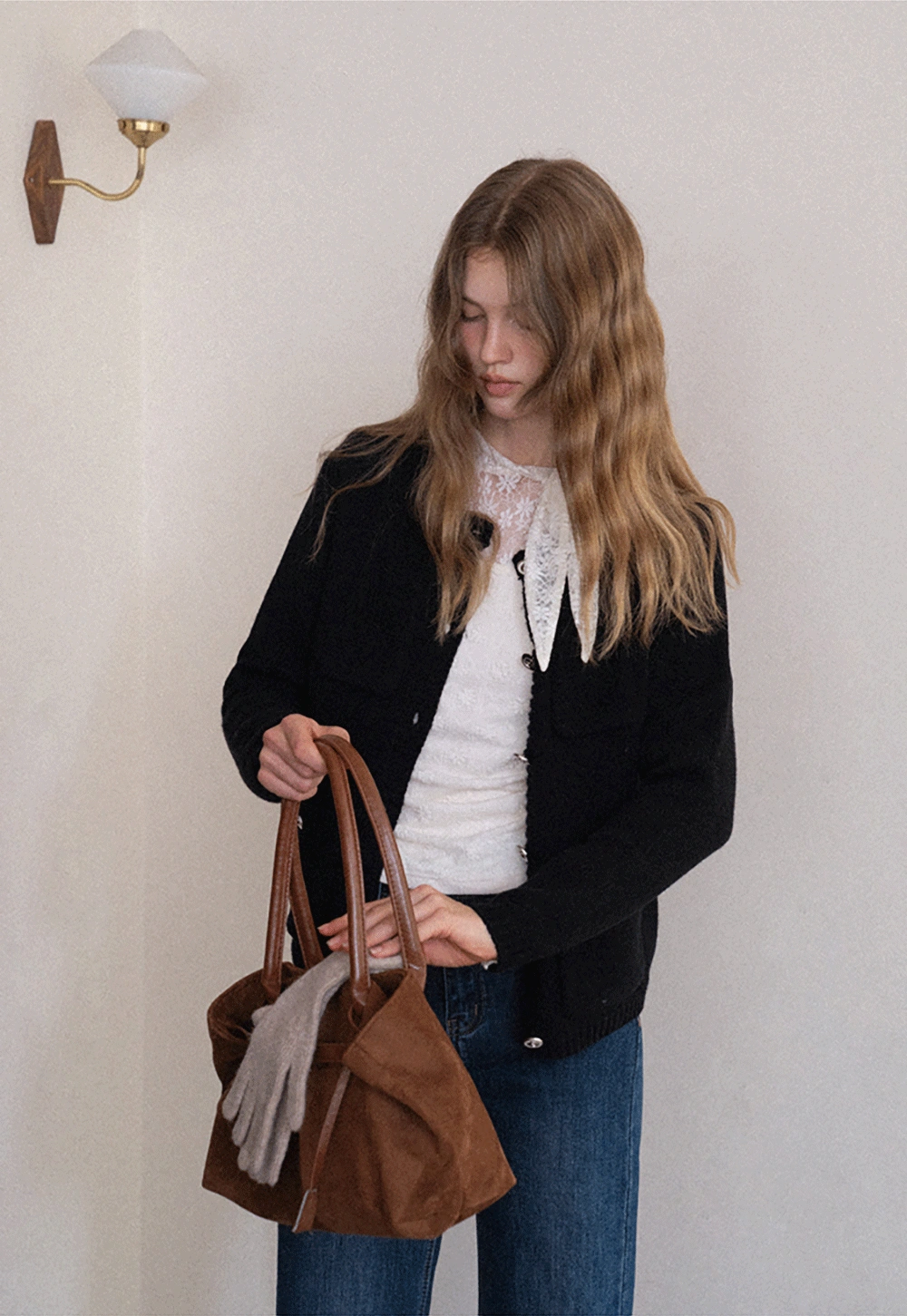 Lace Tie Neck Long Sleeve Blouse