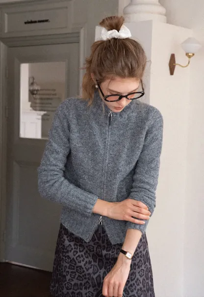 Women’s High Neck Zip Up Knit Cardigan