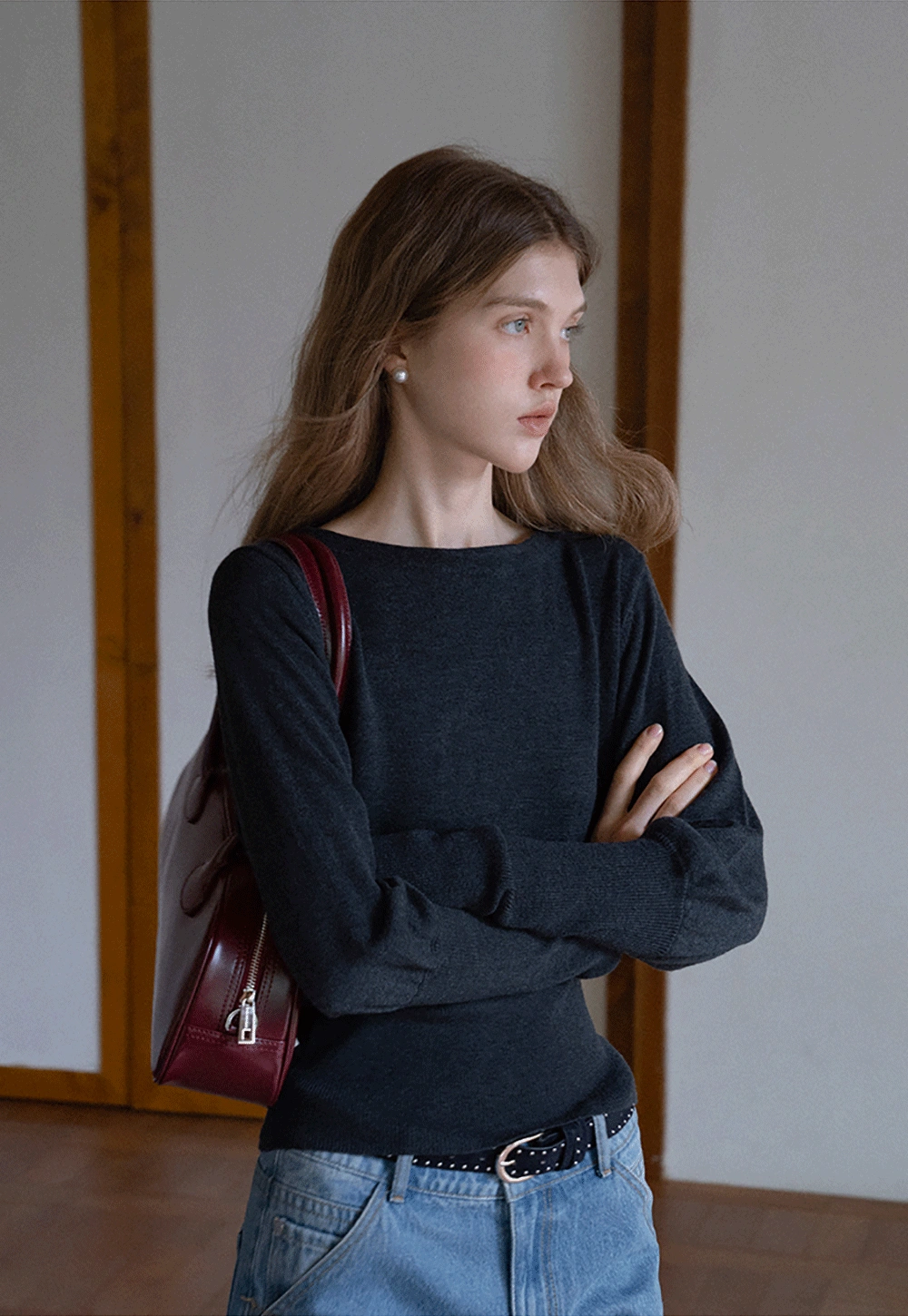 Casual Basic Knitwear, Classic Round Neck Long Sleeve Top