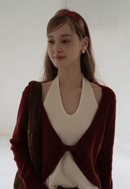 Women Casual Long Sleeve Halter Top with Twist Front Design