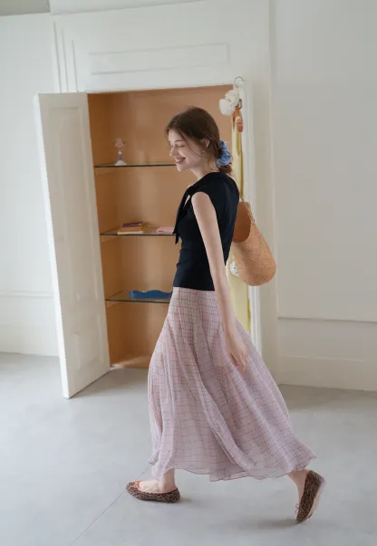 Women’s Plaid Chiffon Summer Midi Skirt