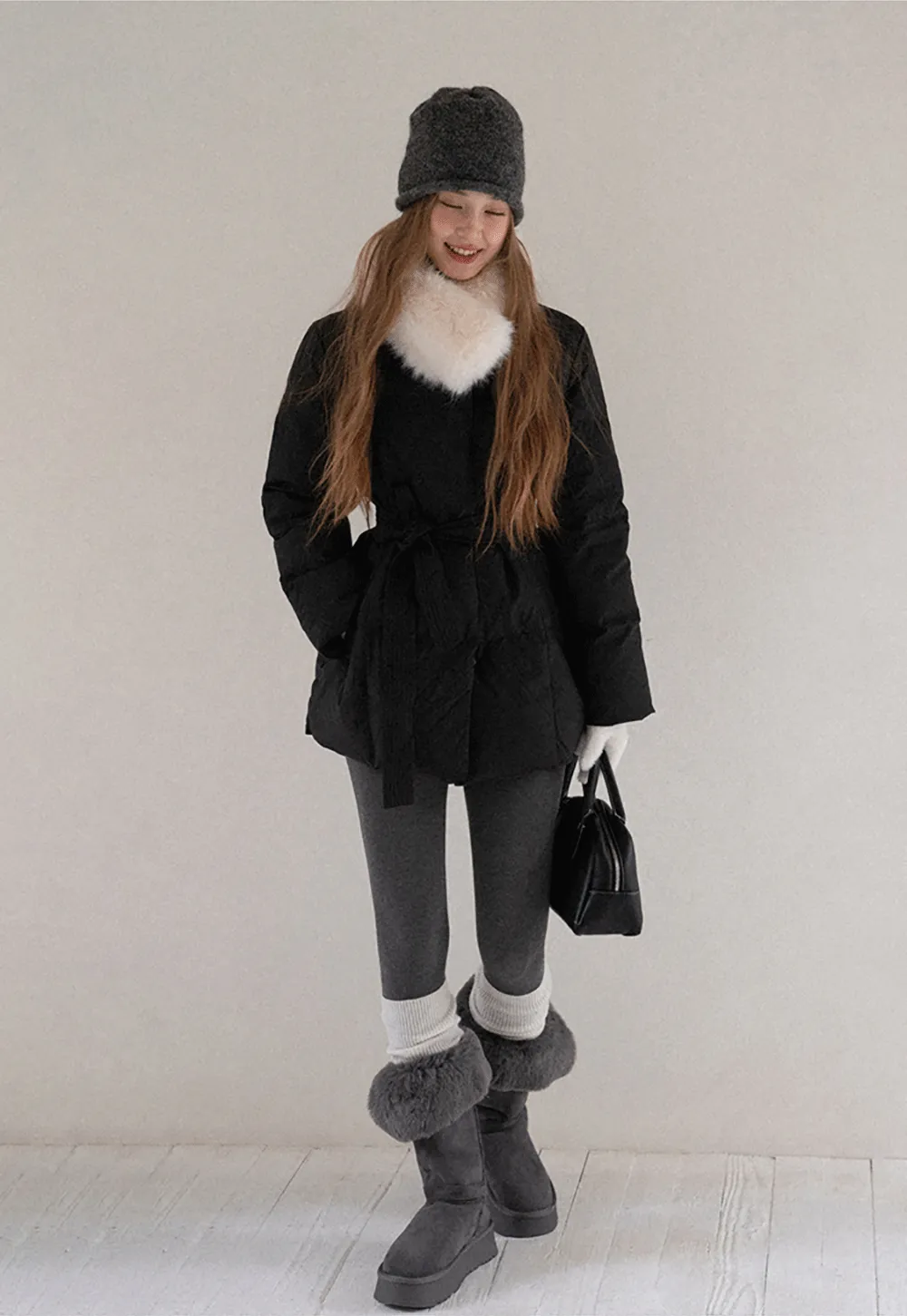 Belted Down Coat with Faux Fur Collar