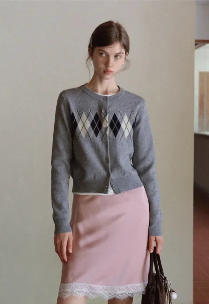 Women Vintage Argyle Pattern Knit Cardigan